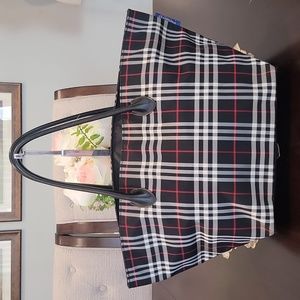 Burberry Black Plaid Tote with Red and White Accents